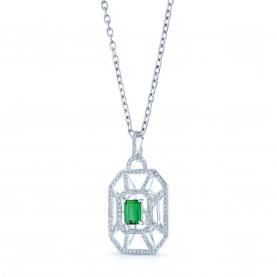 Geometrically Shaped Green Tourmaline & Diamond Necklace in 18K White Gold